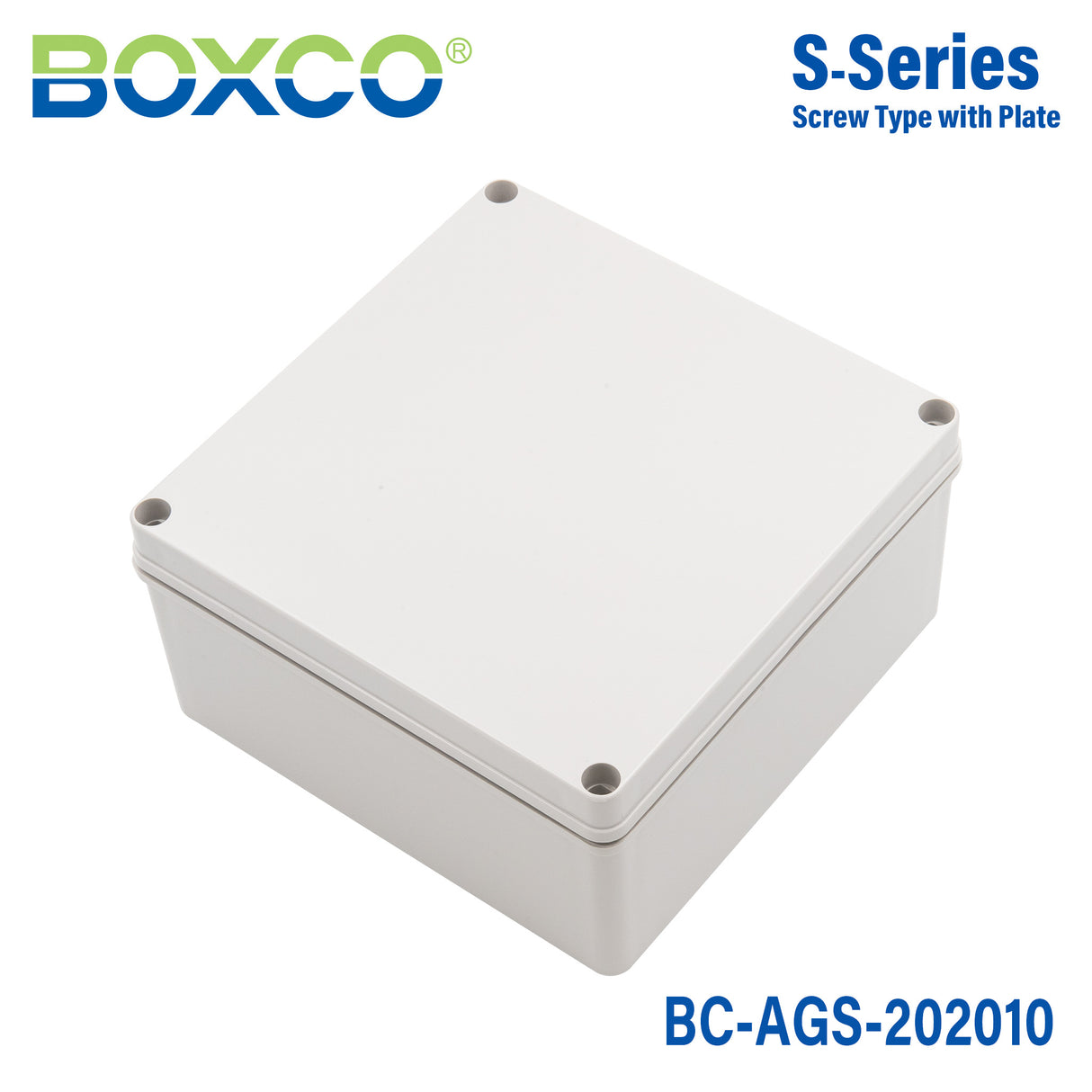 Boxco S-Series 200x200x100mm Plastic Enclosure, IP67, IK08, ABS, Grey Cover, Screw Type