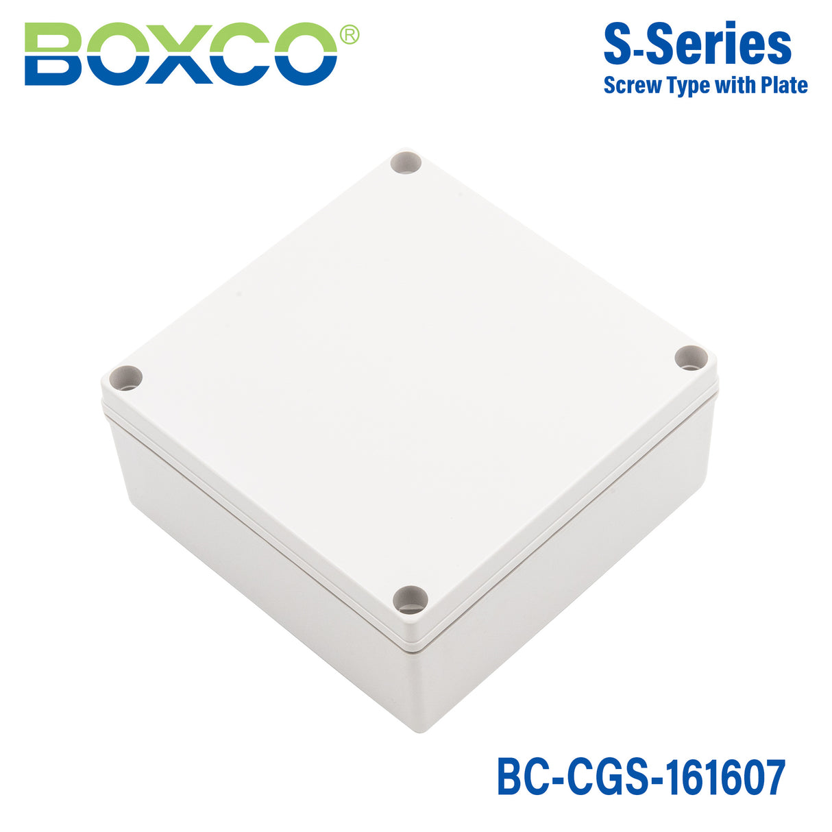 Boxco S-Series 160x160x70mm Plastic Enclosure, IP67, IK08, PC, Grey Cover, Screw Type