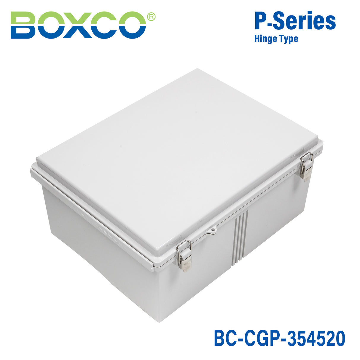 Boxco P-Series 350x450x200mm Plastic Enclosure, IP67, IK08, PC, Grey Cover, Molded Hinge and Latch Type