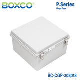 Boxco P-Series 300x300x180mm Plastic Enclosure, IP67, IK08, PC, Grey Cover, Molded Hinge and Latch Type