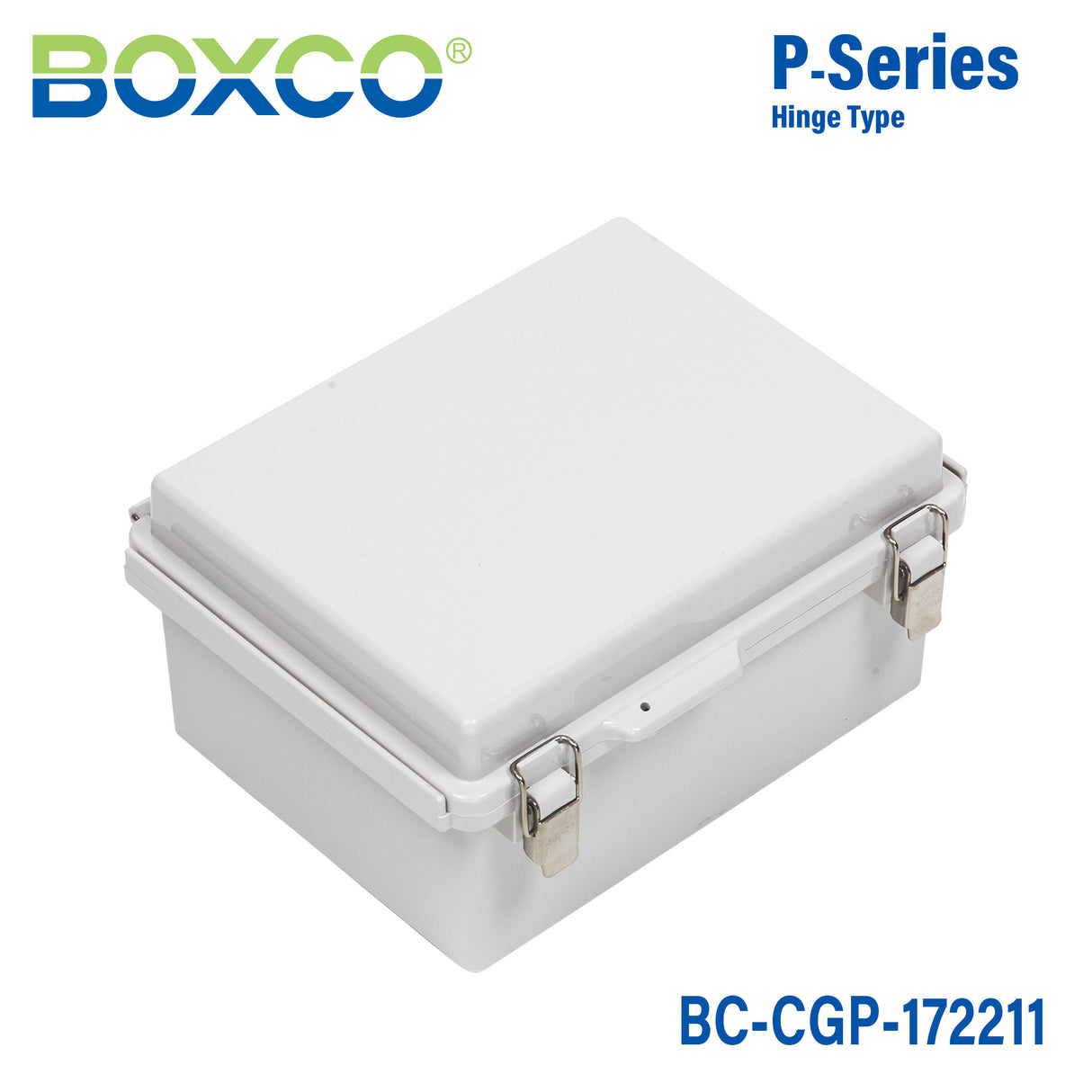 Boxco P-Series 170x220x110mm Plastic Enclosure, IP67, IK08, PC, Grey Cover, Molded Hinge and Latch Type