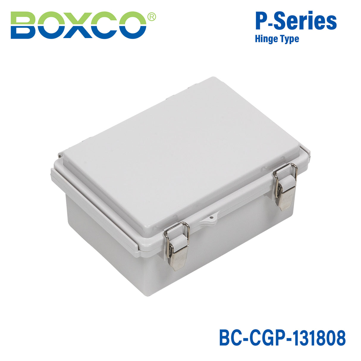 Boxco P-Series 135x185x85mm Plastic Enclosure, IP67, IK08, PC, Grey Cover, Molded Hinge and Latch Type