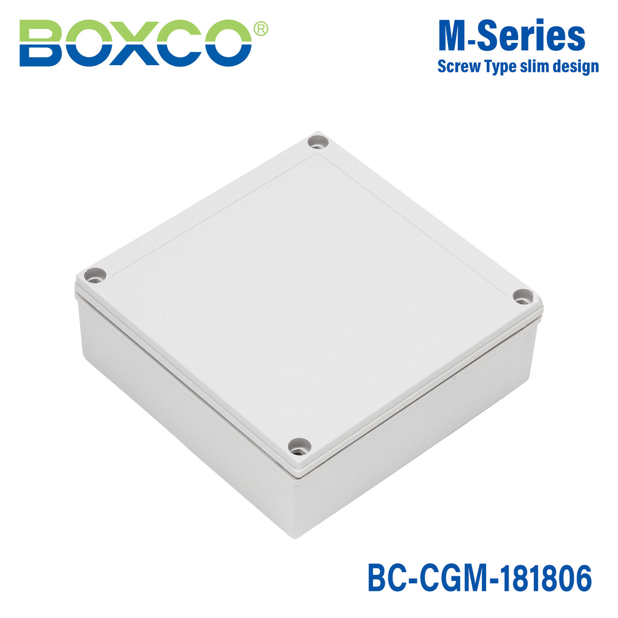 Boxco M-Series 180x180x60mm Plastic Enclosure, IP67, IK08, PC, Grey Cover, Screw Type