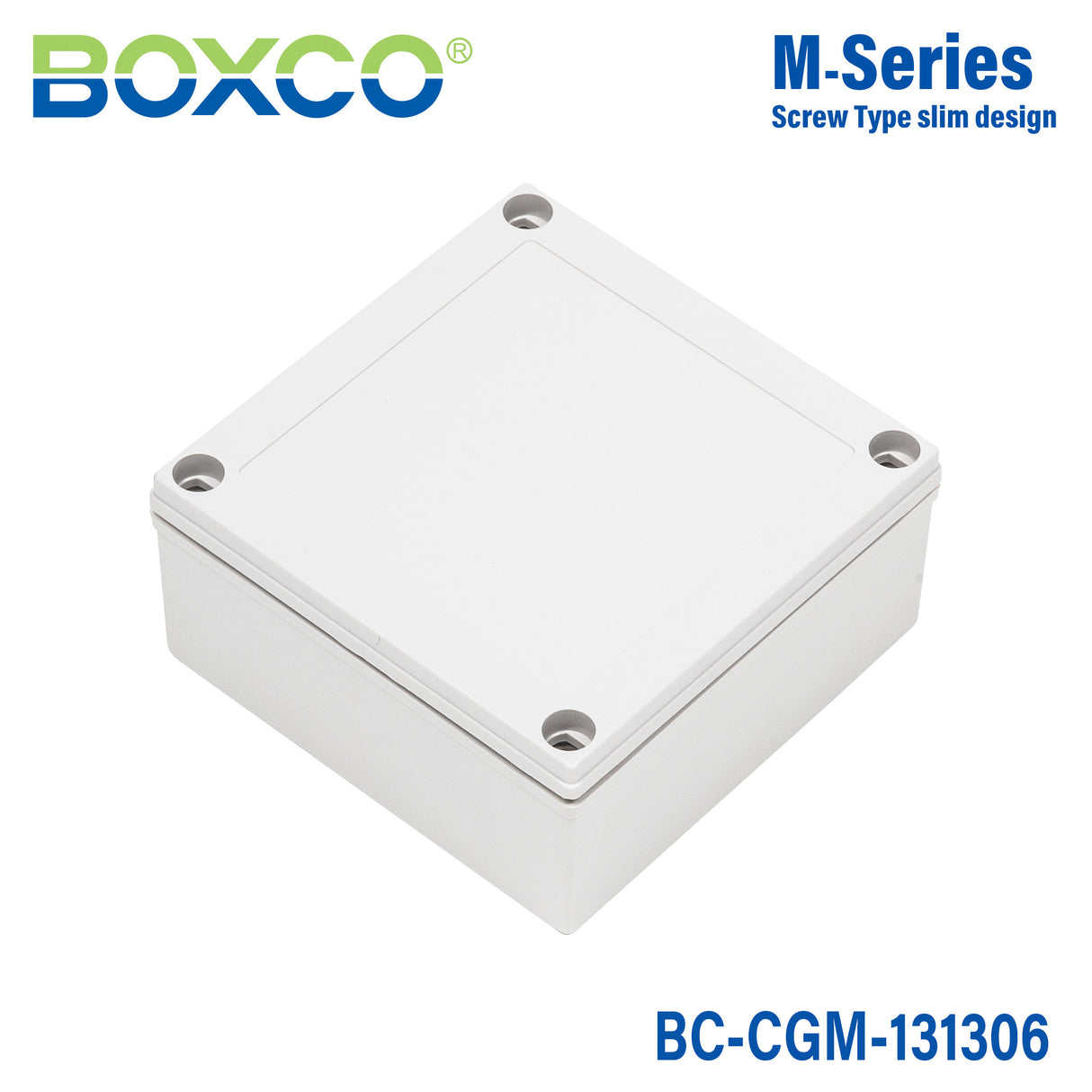 Boxco M-Series 130x130x60mm Plastic Enclosure, IP67, IK08, PC, Grey Cover, Screw Type