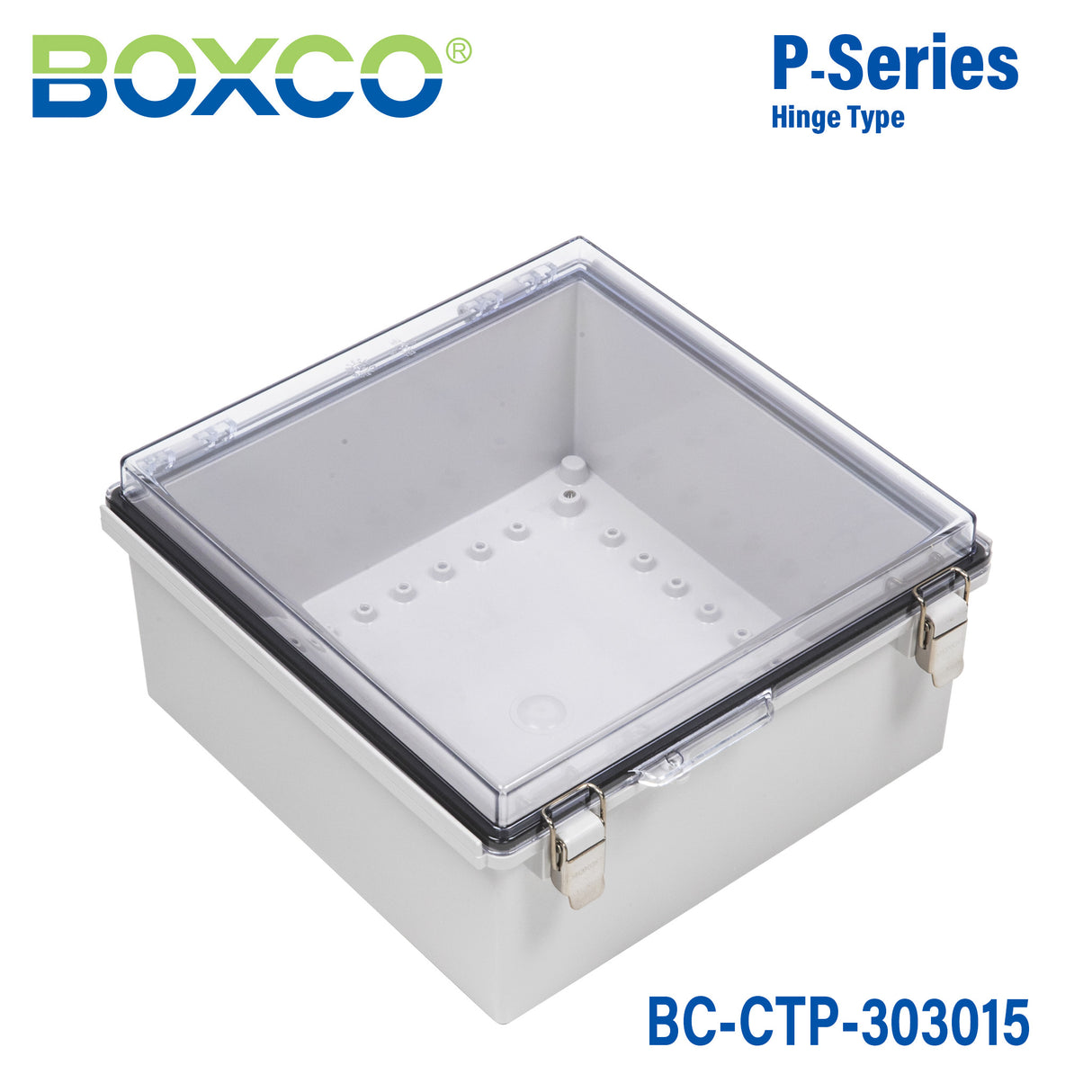 Boxco P-Series 300x300x150mm Plastic Enclosure, IP67, IK08, PC, Transparent Cover, Molded Hinge and Latch Type