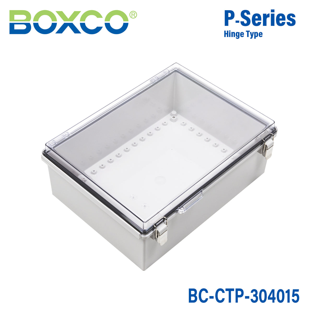 Boxco P-Series 300x400x150mm Plastic Enclosure, IP67, IK08, PC, Transparent Cover, Molded Hinge and Latch Type