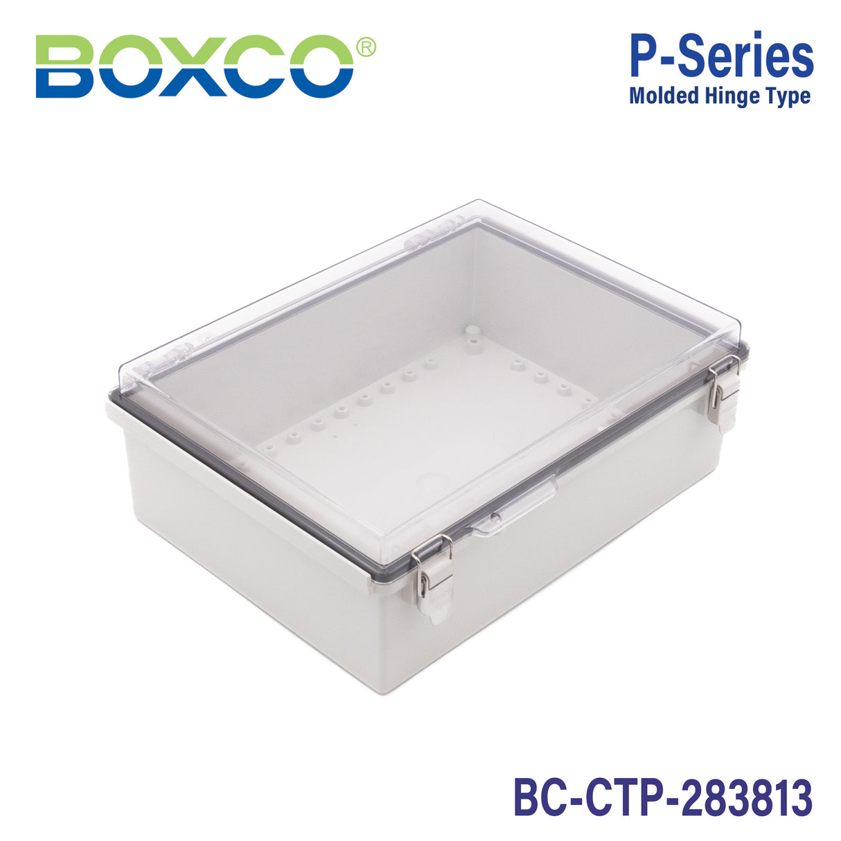 Boxco P-Series 280x380x130mm Plastic Enclosure, IP67, IK08, PC, Transparent Cover, Molded Hinge and Latch Type
