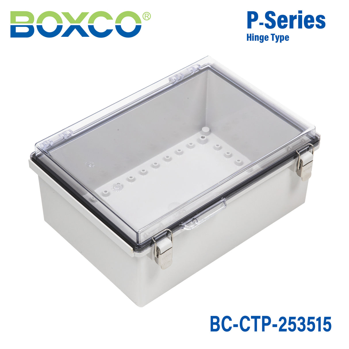Boxco P-Series 250x350x150mm Plastic Enclosure, IP67, IK08, PC, Transparent Cover, Molded Hinge and Latch Type