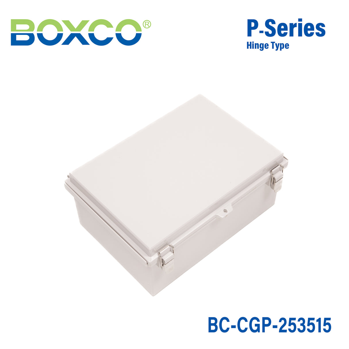 Boxco P-Series 250x350x150mm Plastic Enclosure, IP67, IK08, PC, Grey Cover, Molded Hinge and Latch Type