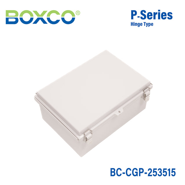 Boxco P-Series 250x350x150mm Plastic Enclosure, IP67, IK08, PC, Grey Cover, Molded Hinge and Latch Type