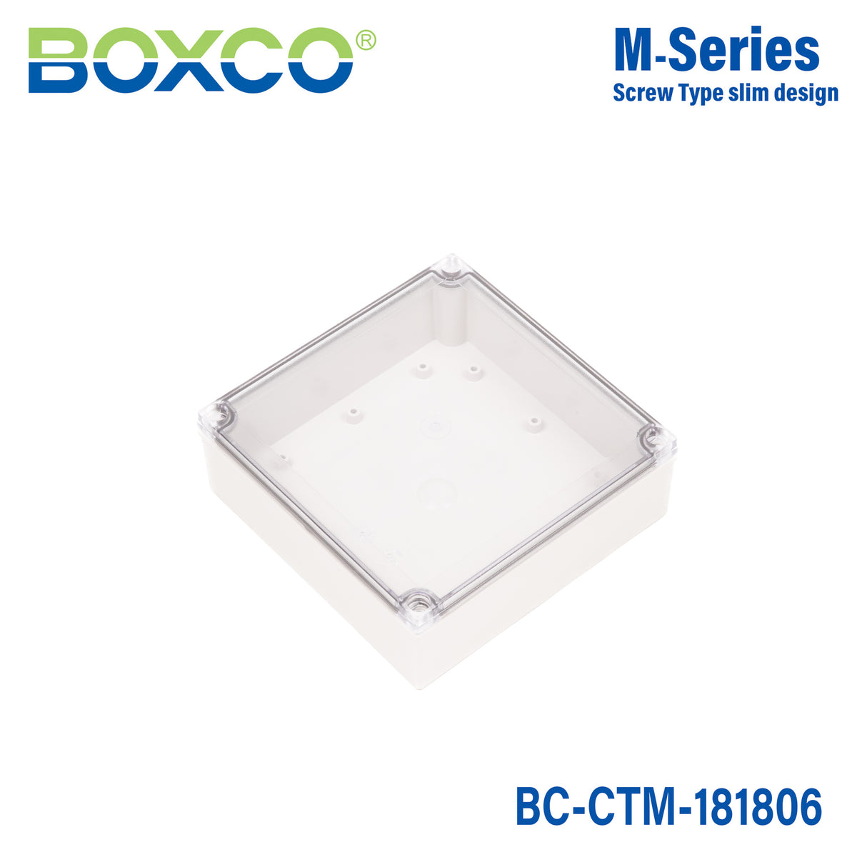Boxco M-Series 180x180x60mm Plastic Enclosure, IP67, IK08, PC, Transparent Cover, Screw Type