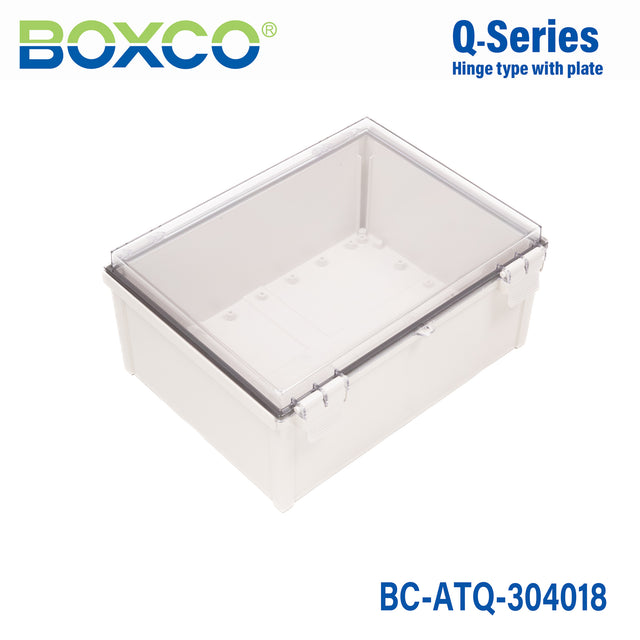 Boxco Q-Series 300×400×180mm Plastic Enclosure, IP67, IK08, ABS, Transparent Cover, Plastic Hinge and Latch Type