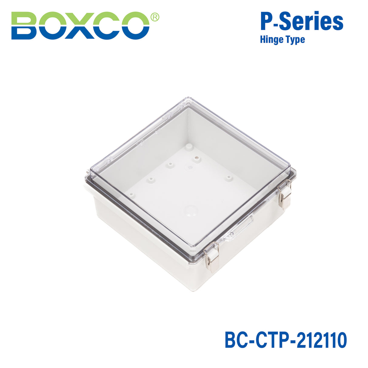 Boxco P-Series 210x210x100mm Plastic Enclosure, IP67, IK08, PC, Transparent Cover, Molded Hinge and Latch Type