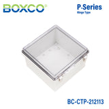 Boxco P-Series 210x210x130mm Plastic Enclosure, IP67, IK08, PC, Transparent Cover, Molded Hinge and Latch Type