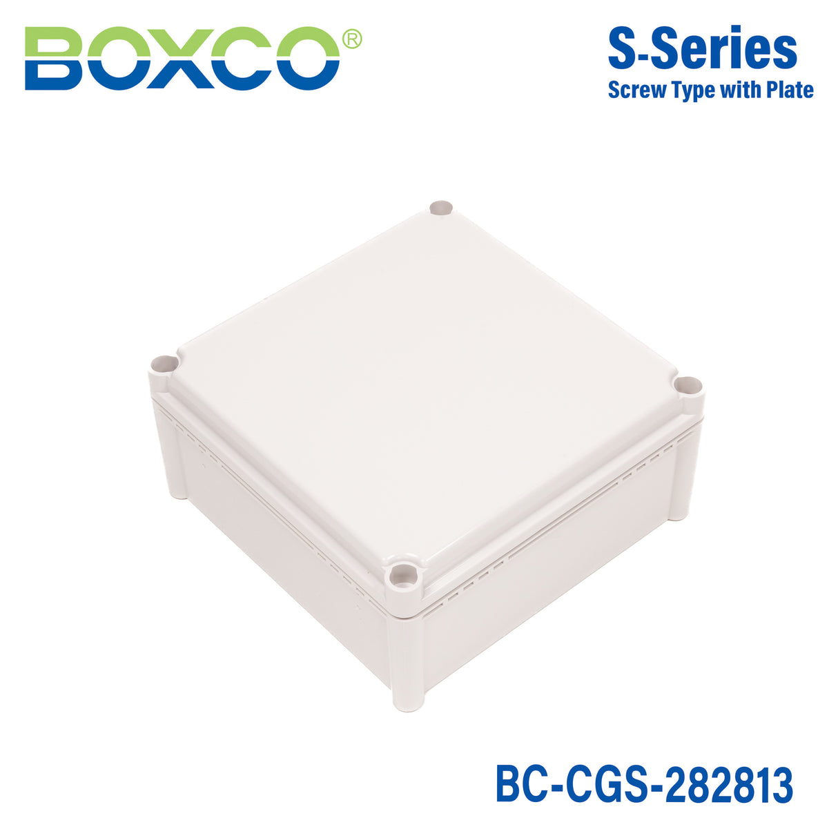 Boxco S-Series 280x280x130mm Plastic Enclosure, IP67, IK08, PC, Grey Cover, Screw Type