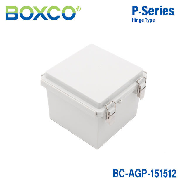 Boxco P-Series 150x150x120mm Plastic Enclosure, IP67, IK08, ABS, Grey Cover, Molded Hinge and Latch Type