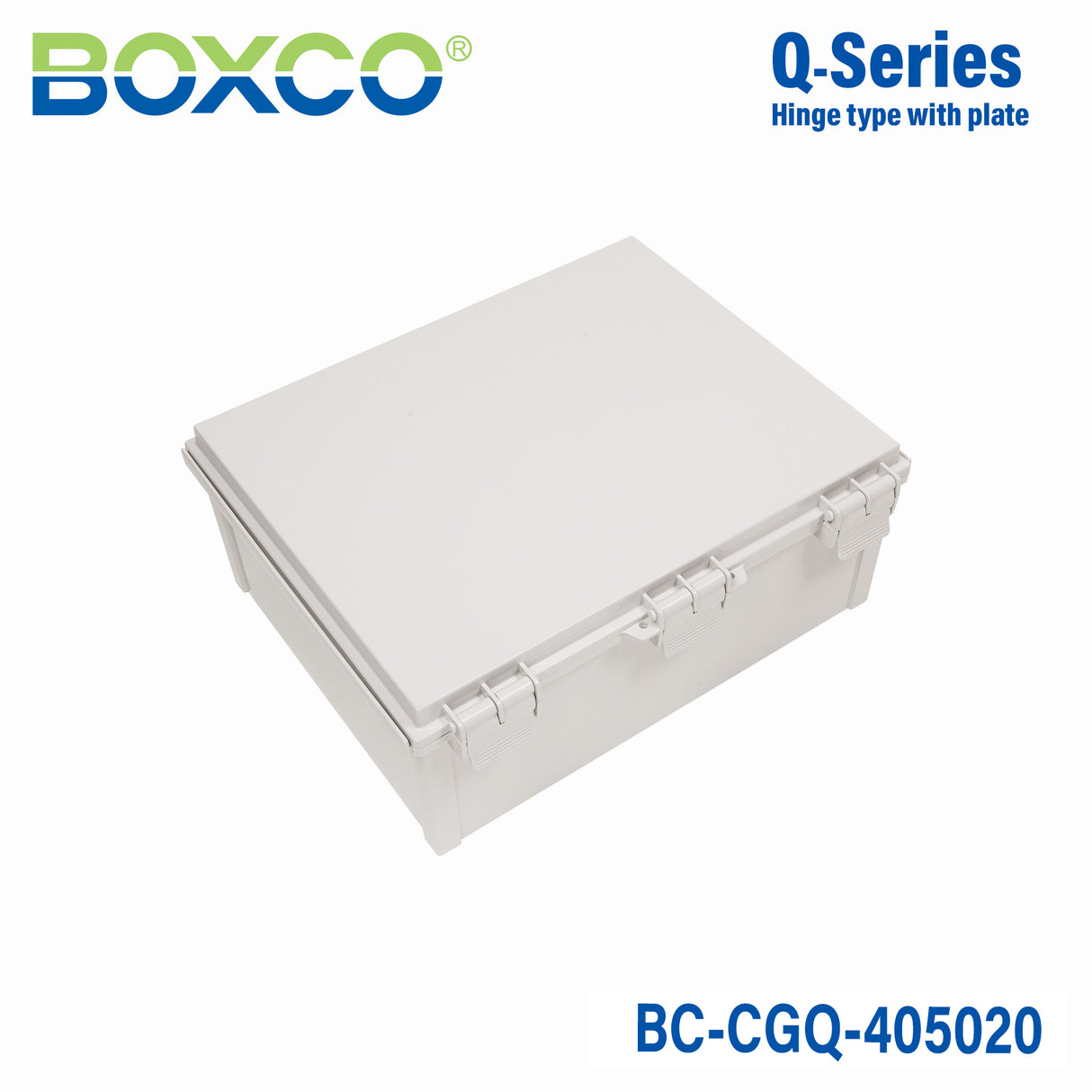 Boxco Q-Series 400×500×200mm Plastic Enclosure, IP67, IK08, PC, Grey Cover, Plastic Hinge and Latch Type