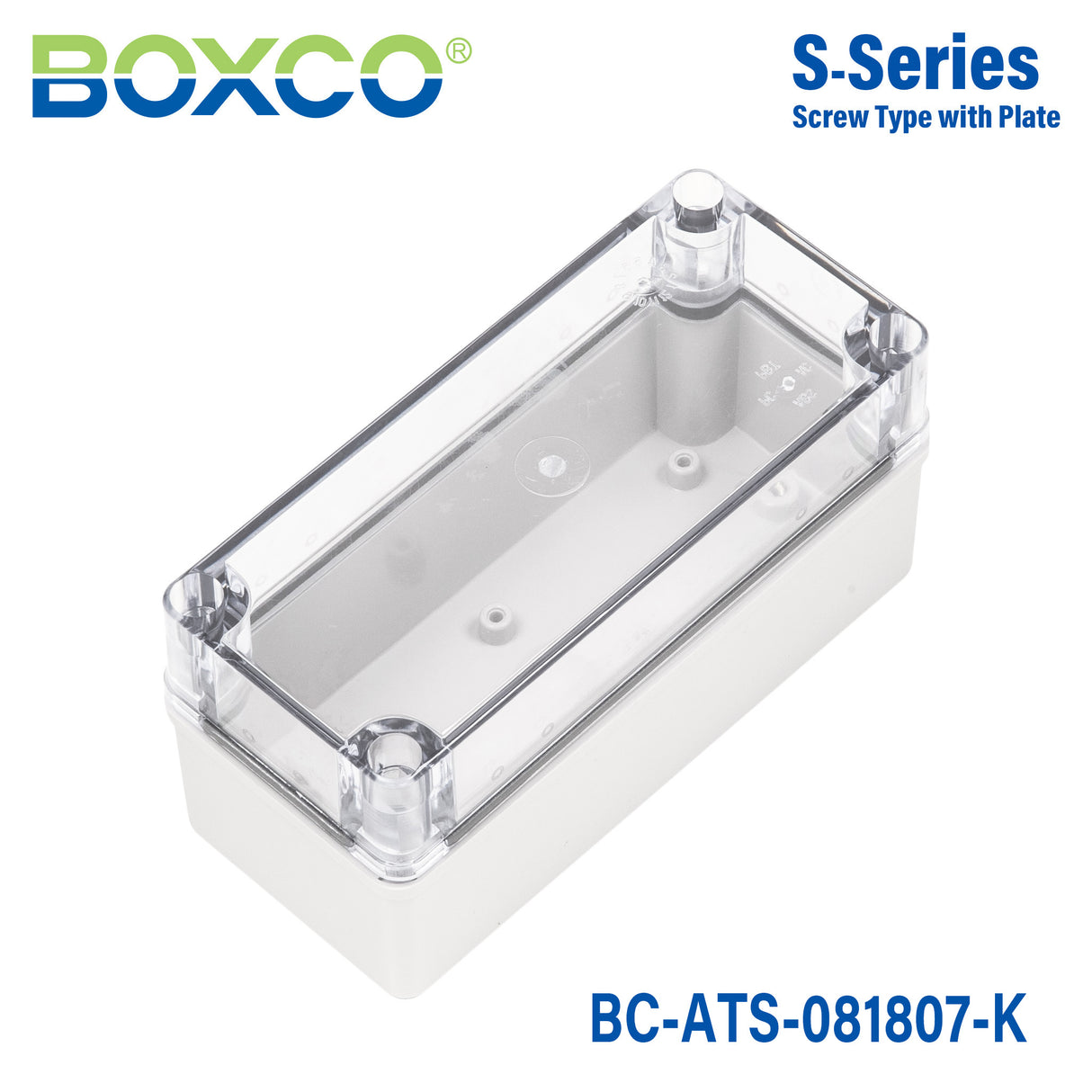 Boxco S-Series 80×180×70mm Plastic Enclosure, IP67, IK08, ABS, Transparent Cover, Screw Type