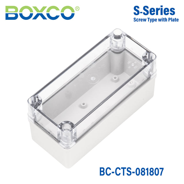 Boxco S-Series 80x180x70mm Plastic Enclosure, IP67, IK08, PC, Transparent Cover, Screw Type