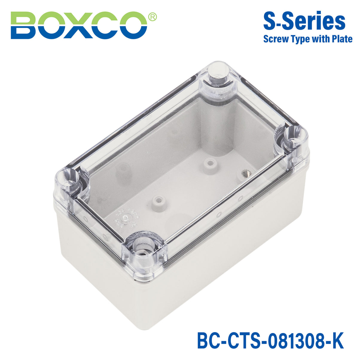 Boxco S-Series 80×130×85mm Plastic Enclosure, IP67, IK08, PC, Transparent Cover, Screw Type