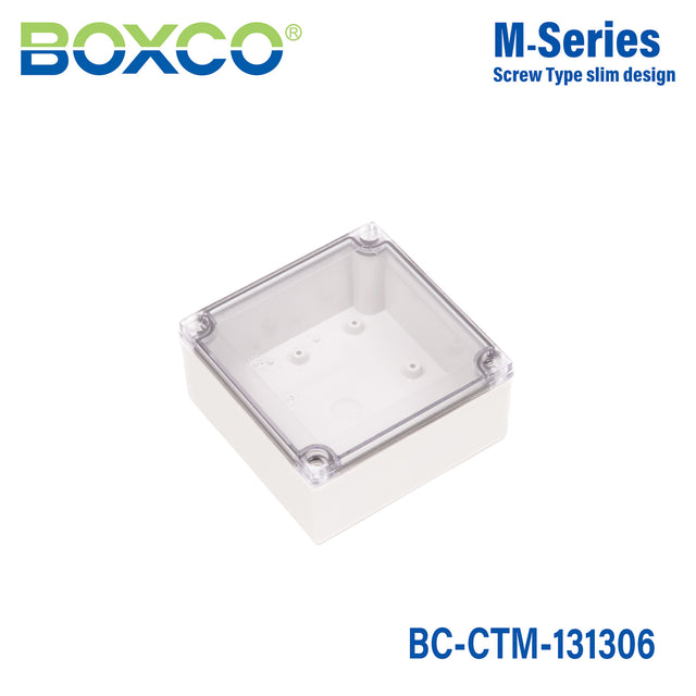 Boxco M-Series 130x130x60mm Plastic Enclosure, IP67, IK08, PC, Transparent Cover, Screw Type
