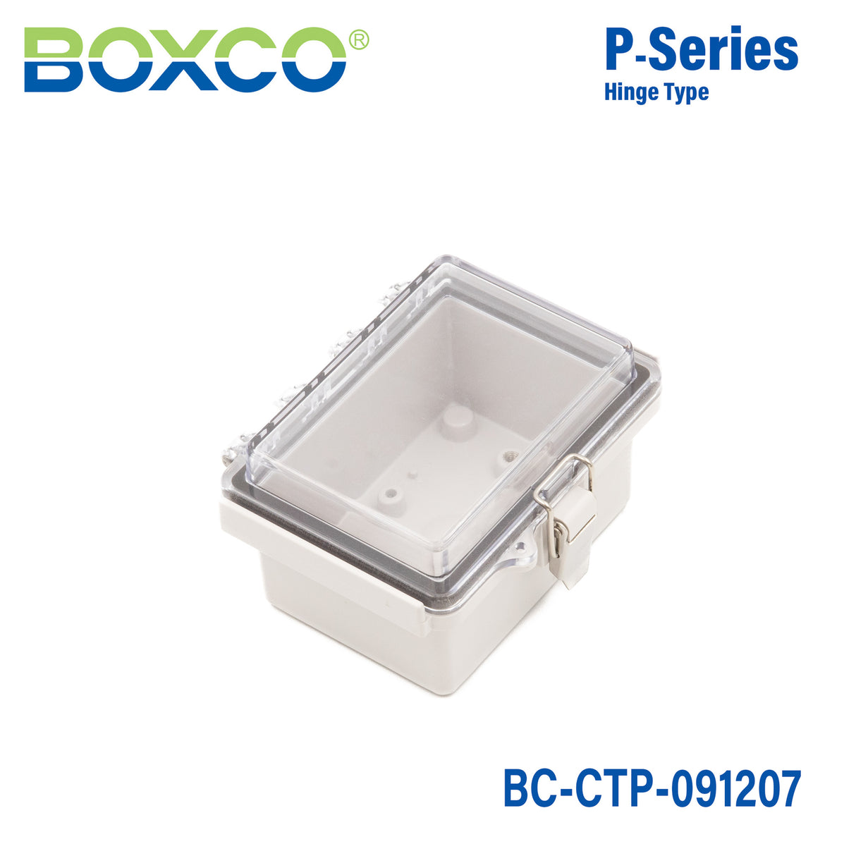 Boxco P-Series 90x120x70mm Plastic Enclosure, IP67, IK08, PC, Transparent Cover, Molded Hinge and Latch Type