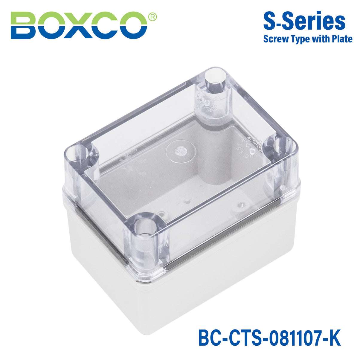 Boxco S-Series 80×110×70mm Plastic Enclosure, IP67, IK08, PC, Transparent Cover, Screw Type