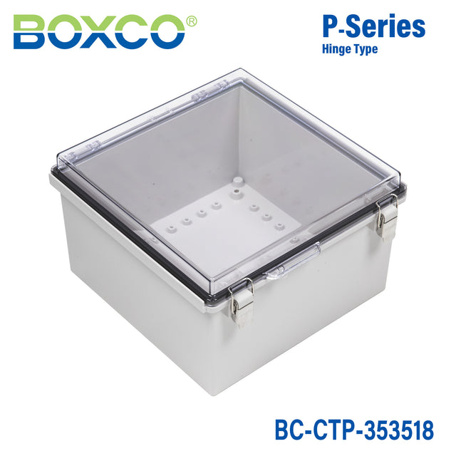 Boxco P-Series 350x350x180mm Plastic Enclosure, IP67, IK08, PC, Transparent Cover, Molded Hinge and Latch Type