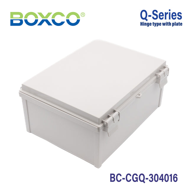 Boxco Q-Series 300×400×160mm Plastic Enclosure, IP67, IK08, PC, Grey Cover, Plastic Hinge and Latch Type