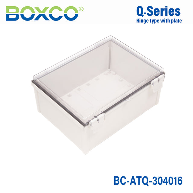 Boxco Q-Series 300×400×160mm Plastic Enclosure, IP67, IK08, ABS, Transparent Cover, Plastic Hinge and Latch Type
