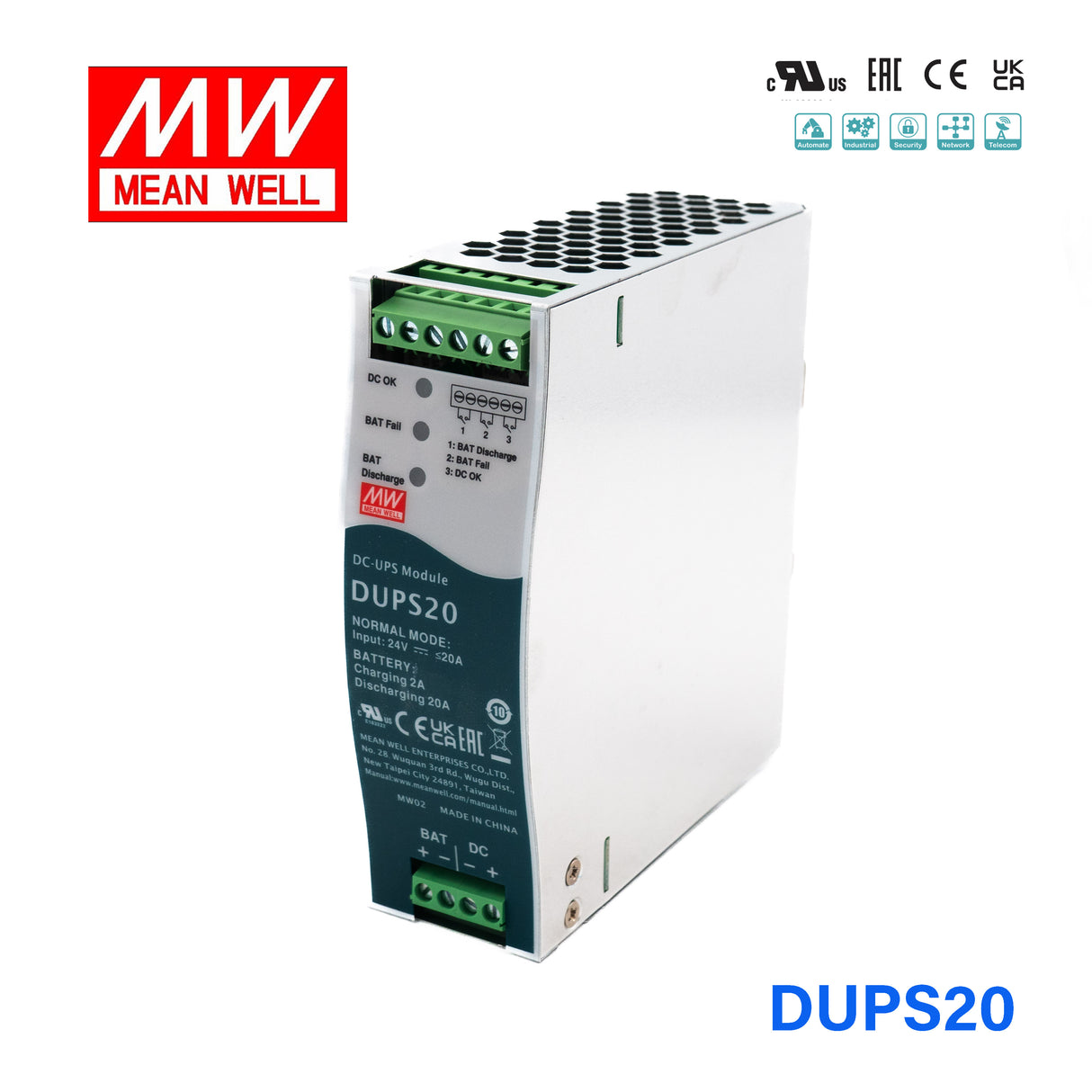 Mean Well DUPS20 DIN Series Uninterruptible DC-UPS Module 20A