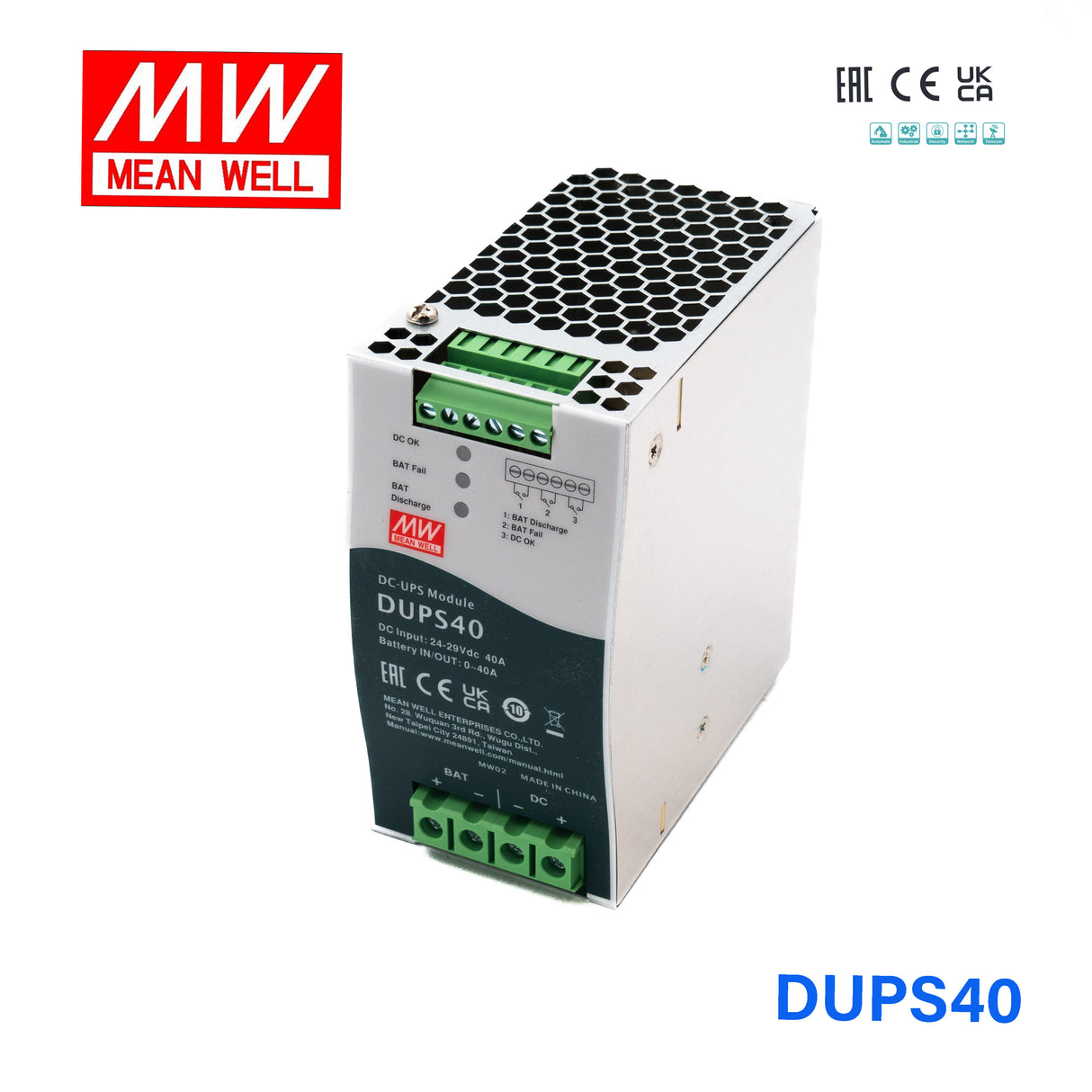 Mean Well DUPS40 DIN Series Uninterruptible DC-UPS Module 40A